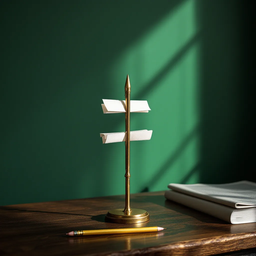 An antique brass copy spike on a dark oak desk, holding folded slips of paper in a beam of late light