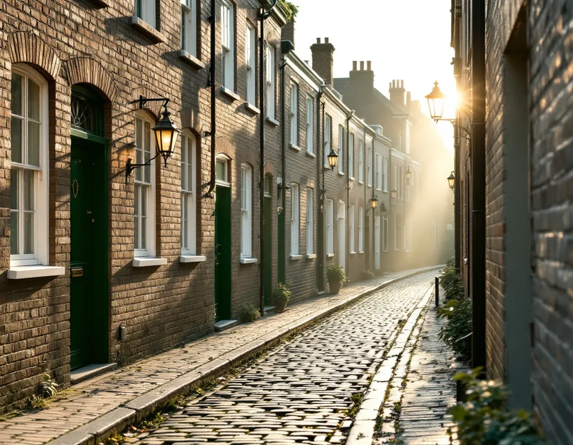 A symmetrical cobbled mews lane with green doors, low morning light raking across the stones